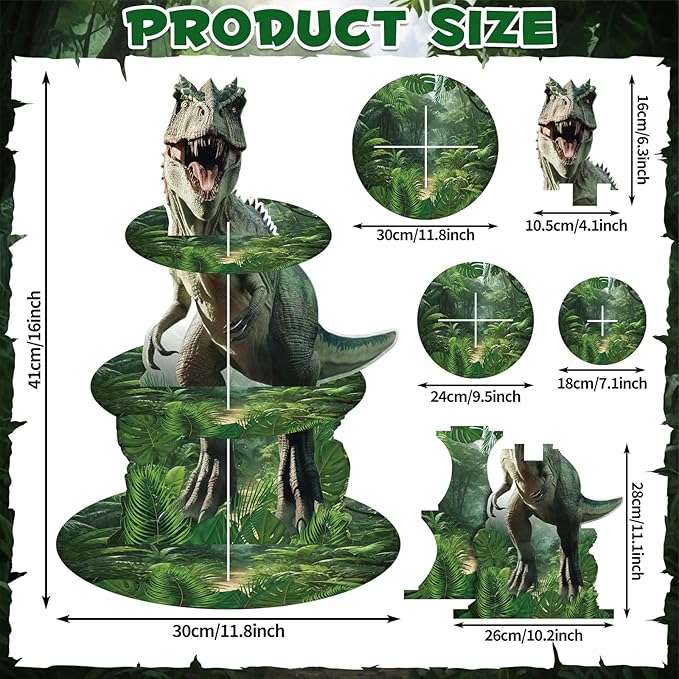 2 Pack Dinosaur Cupcake Stand Dinosaur Birthday Decorations 3 Tier Dino Cupcake Holder Dessert Tower Party Decorations for Boys Kids Baby Shower Jungle Theme Party Supplies