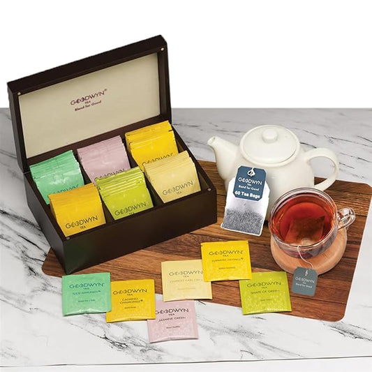 Goodwyn Assorted Tea Sampler Gift Set Box – Premium Tea Collection |60 Tea Bags (Darjeeling, English Breakfast, Green Tea, Jasmine, Kahwa, Peppermint) 6 Flavors x 10 Each | reusable Wooden Chest