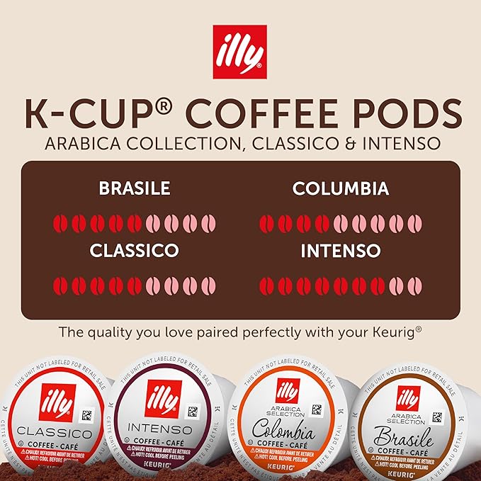 Illy Coffee K-Cups - Compatible Pods for Keurig Coffee Maker - Classico, Intenso, Brasile & Columbia Roasts - Variety - 10 Count (Pack of 6)