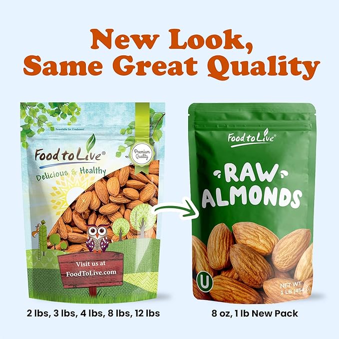 Food to Live California Almonds, 8 Ounces – Supreme, Whole, Raw, Unsalted, Unroasted Nuts, Natural