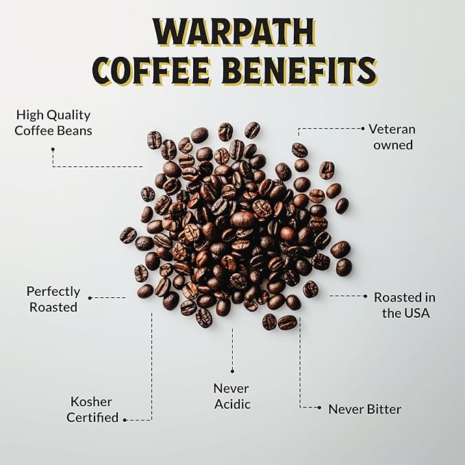 Warpath Coffee Whole Bean Coffee Medium Roast, Breakfast Blend, High Caffeine, Extra Strong Roasted 100% Arabica Coffee Beans Whole, Rich Aroma, Full Bodied Intense Cup, Created by Navy SEALs, 12oz