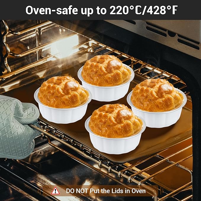 EUSOAR Muffin Liners for Baking, 50pcs 9oz White Foil Ramekins, Aluminum Desert Cups with Lids Bread Pudding Disposable Creme Brulee Ramekins Round Holders for Wedding Birthday Theme Party