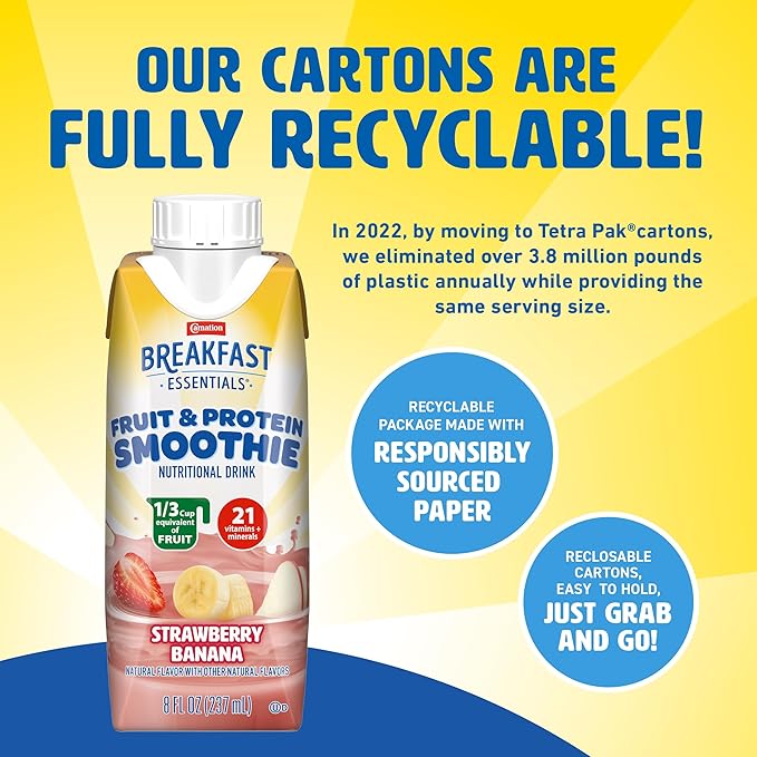 Carnation Breakfast Essentials Fruit and Protein Smoothie Nutritional Drink, Strawberry Banana, 24 – 8 fl oz Cartons
