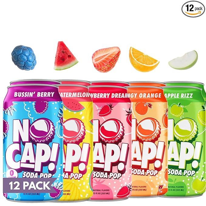 No Cap! Healthy Soda Alternative, Zero Sugar, No Calories, Caffeine Free, Vegan, Gluten Free, For Kids, Teenagers & Adults,12 Oz Cans, 12 Pack, Bussin Berry, Sour Watermelon, Tangy Orange, Strawberry Dream, Apple Rizz (Summer Pack)