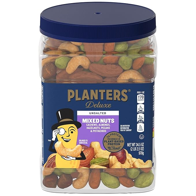PLANTERS Unsalted Mixed Nuts, Cashews, Almonds, Hazelnuts, Pecans, Pistachios no Shell, Party Snacks, Plant-Based Protein, Quick Snack for Adults, After School Snack, Kosher, 34.5 Oz Container