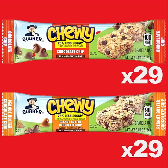 Quaker Chewy Granola Bars, 25% Less Sugar, 2 Flavor Variety Pack, (58 Pack)