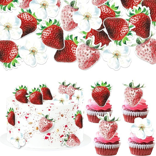 60 PCS Edible Strawberry Cupcake Toppers Sweet Berry Strawberry Birthday Cupcake Picks Bridal Shower Edible Flower Cake Decorations for Baby Shower Wedding Engagement Birthday Party Supplies