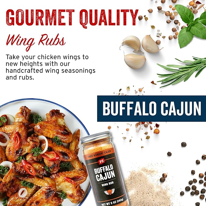 PS Seasoning Buffalo Cajun Wing Rub - Spicy Buffalo Chicken Spice with Red Pepper, Vinegar, Butter - Chicken Wing Cajun Seasoning Dust & Dry Rub for Turkey, Shrimp, Fries, Popcorn, 5oz