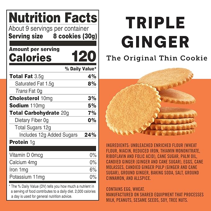 Dewey’s Bakery Triple Ginger Moravian Style Cookie Thins, Bakery Fresh with Real Simple Ingredients, Low Calorie Snack, No Artificial Flavors, Synthetic Colors or Preservatives, 9oz (Pack of 6)