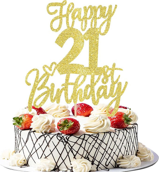 1 PCS Happy 21st Birthday Cake Topper Glitter Cheers to 21 Years Birthday Cake Pick Twenty One 21 Fabulous Cake Decoration for Happy 21st Birthday Anniversary Party Decorations Supplies Gold