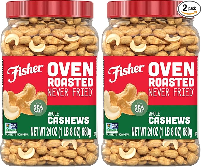 Fisher Oven Roasted Never Fried Whole Cashews, 24 Ounces (Pack of 2), Snacks for Adults, Made With Sea Salt, No Added Oils, Artificial Ingredients or Preservatives, Gluten Free, Vegan Protein, Bulk