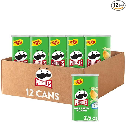 Pringles Potato Crisps Chips, Lunch Snacks, Office and Kids Snacks, Grab N' Go, Sour Cream and Onion (12 Cans)