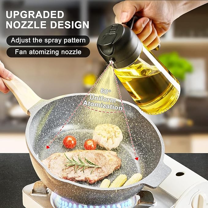 Oil Sprayer for Cooking 2 in 1, 470ml/16oz, Oil Spray & Dispenser Glass Bottle, Food-grade material for Kitchen, Salad Dressing, Frying, Air Fryer & BBQ (Green&Black)
