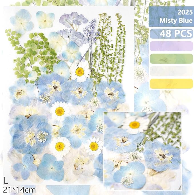 Real Dried Pressed Flowers Leaf Plant Herbarium for Crafts Resin Jewelry Making, Floral Cake Decorations-Fog Blue