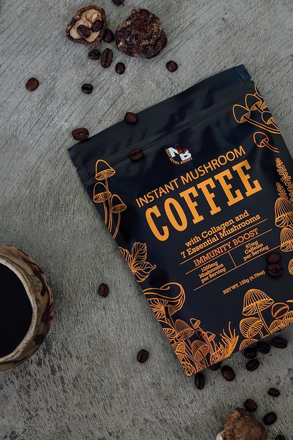 Immunity Boost Organic Mushroom Instant Coffee - 135g, 15 Servings Pouch - Healthy Coffee alternative and Substitute - With Chaga, Collagen, Lions Mane and Antioxidants