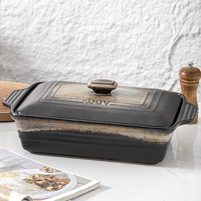 KOOV Ceramic Casserole Dish with Lid, Covered Rectangular Casserole Dish Set, Lasagna Pans with Lid for Cooking, Baking dish With Lid for Dinner, 9 x 13 Inches, Stripe Series (Rough Black)
