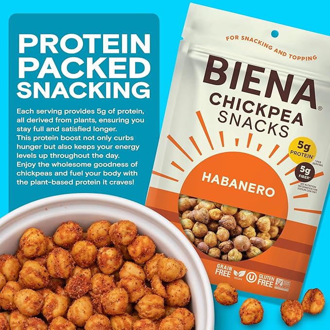 BIENA Chickpea Snacks - Crunchy Roasted Chickpeas - High Fiber Vegan Protein Snacks for Adults and Kids - 8-Pack, 5 Ounce - Habanero