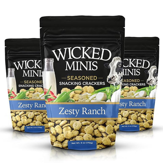Wicked Minis Soup & Oyster Crackers - Saltine Soup Crackers Salted Flavored Mini Puffed Savory Snacking Mix, Salad Toppers, Seasoned Croutons for Chili 6oz (Zesty Ranch Pack of 3)