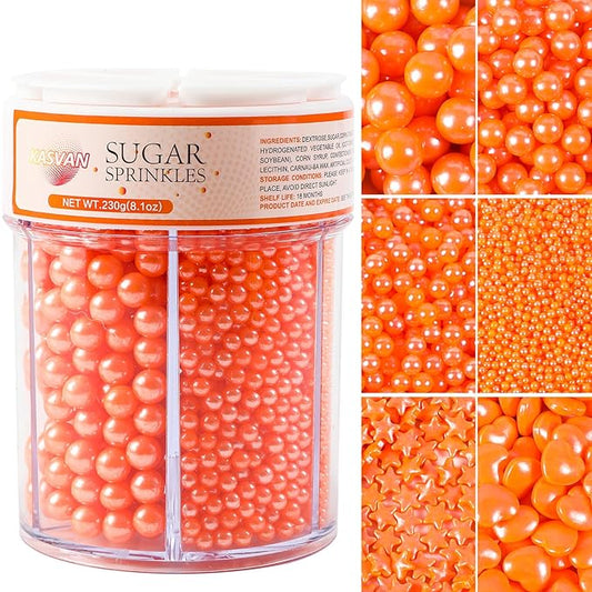 Kasvan 8.1Oz Orange Pearl Sprinkles, 6 Sizes Mix for Cake Decorating, 230g/8.1oz, Baking Cake Decorations, Ice Cream Toppings and Cookie Decorating, Wedding Party Chirstmas Supplies (Orange)