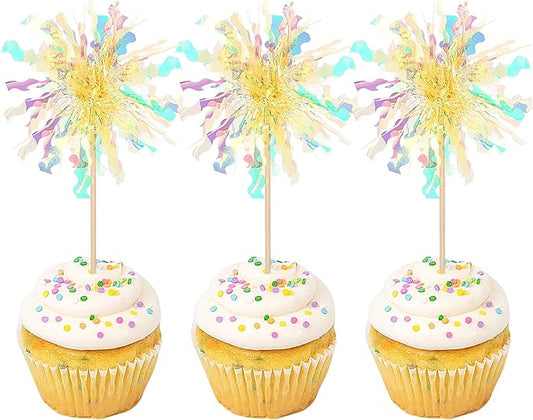 Rsstarxi 30 Pack Firework Cupcake Toppers Sparkle Tinsel Drink Birthday Cake Decorations Cocktail Food Fruit Toothpick for Valentine's Day Wedding Birthday Party Decorations Yellow