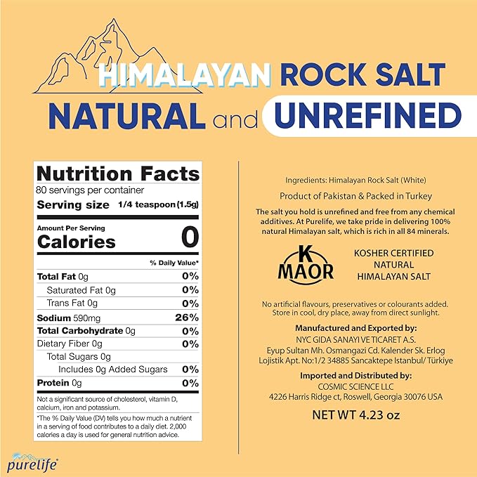 Purelife Himalayan Salt White Coarse Kosher Unrefined - Gourmet Natural Crystal Rock Salt with Minerals in Glass Bottle with Ceramic Mill – From Mineral Balanced Part (WHITE) of Same Mine with Pink Salt- 4.23oz