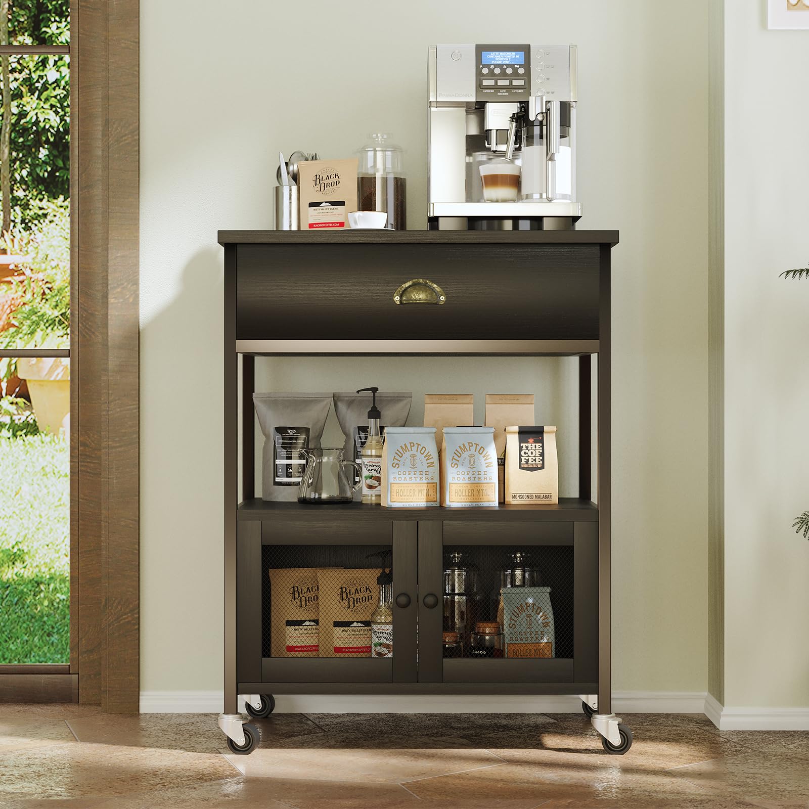 Catrimown Coffee Bar Cart Cabinet,3 Tier Coffee Station Table on Wheels,Coffee Cart with Storage
