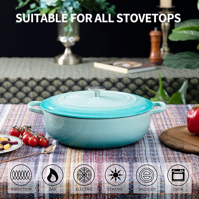 Enameled Cast Iron Dutch Oven Shallow Casserole Braiser with Dual Handle, 3.8 QT, Peacock blue