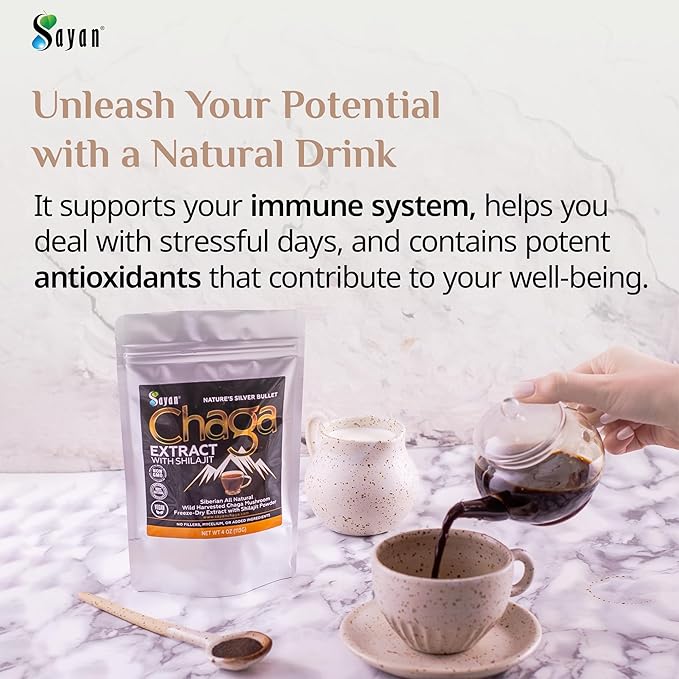 Sayan Siberian Chaga Mushroom Extract with Shilajit Powder (4 oz) ??Organic Antioxidant Tea ??Immune and Digestion System Support ??Fulvic Acid Supplement ??Energy & Clarity ??No Fillers