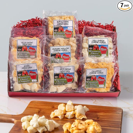 Wisconsin Cheese Company - 100% Wisconsin Cheese Curd Variety Sampler Gift Box - (Pack of 7) | Huge Gift Box | Perfect for Parties, Charcuterie Boards and Birthdays | Cheese Curds