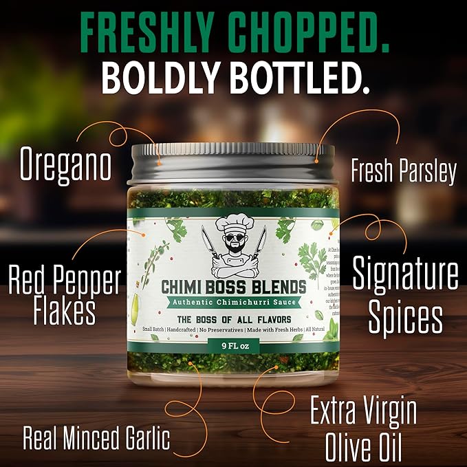 Chimi Boss Chimichurri Original Sauce, 9 fl oz – Authentic Argentinian Green Herb Sauce with Fresh Parsley, Garlic & Spices – All Natural Marinade & Topping – Made in USA
