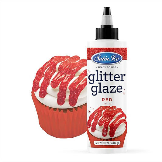 Satin Ice Red Glitter Glaze (10oz Bottle) For Decorating Cakes, Cupcakes, Brownies, and Doughnuts
