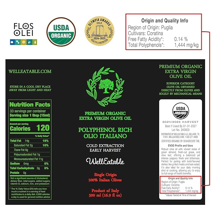 WellEatable Robust +1,200 mg/kg Polyphenol Rich Olio Italiano, New 2024-2025 Early Harvest Organic Extra Virgin Olive Oil from Italy, Lab Tested, Cold Extracted for Drinking and Finishing, 16.9 fl oz