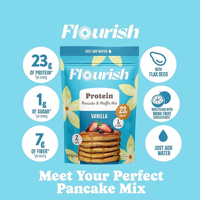 Flourish Protein Pancake & Waffle Mix, with Whey Protein & Flax Seed, No Added Sugar, High in Protein & Fiber - Just Add Water - Vanilla Flavour, 430g (2 Pack) - Made in Canada
