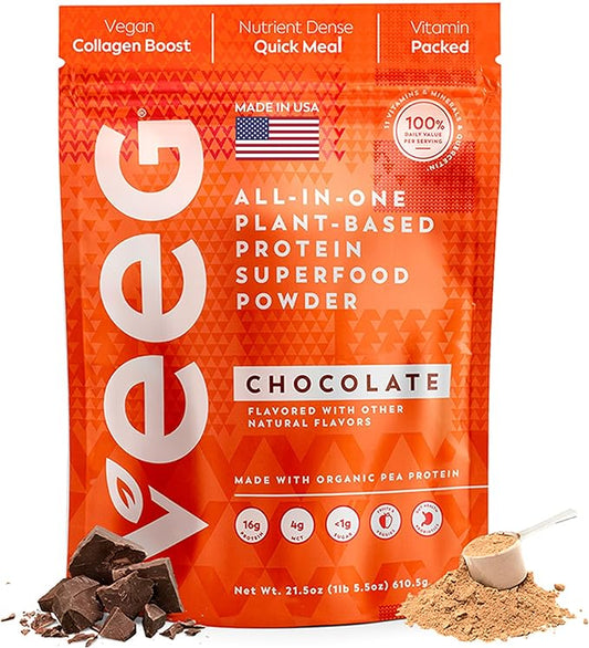 Veeg All in One Protein Smoothie Powder ??Plant Based Protein, Vegan Collagen, MCT Oil Organic, Multivitamin, Greens Superfood Powder, Meal Replacement, Probiotics, Sugar Free,15 Servings (Chocolate)