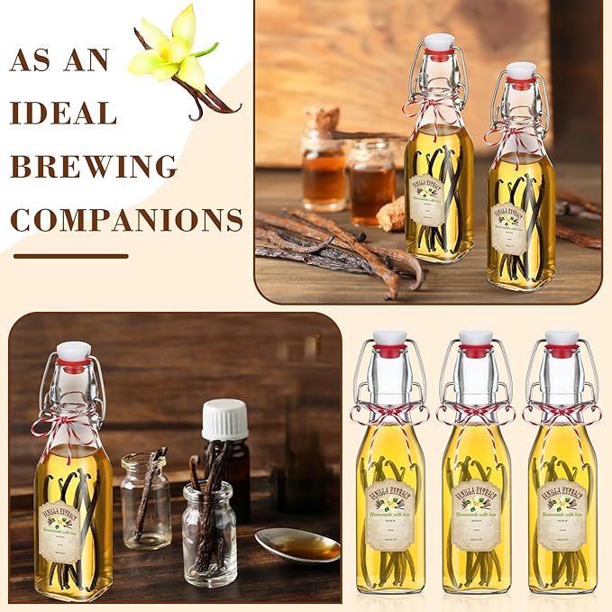 Uiifan 12 Pcs 8 oz Swing Top Clear Square Glass Bottles for Vanilla Extract with Caps and Cotton Twines Label Flip Top Glass Beer Bottle for Home Vanilla Brew Oil Vinaigrettes Beer Tea Supply