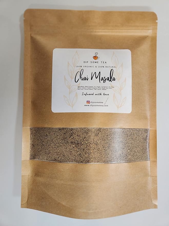 Organic Chai Masala 3.5 Oz, 100gm, Tea Spices, Indian Chai Masala, DipSomeTea, 100% Natural Pure Ingredients, Cardamom, Ginger, Pepper, Ceylon Cinnamon, Nutmeg, Mace, Cloves, Tulsi, Star Anise, Mulethi, Root Pipali, Bay Leaf, Cassia Leaves