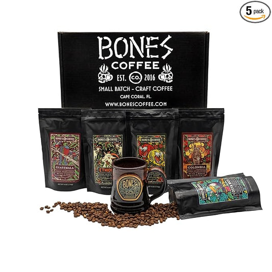 Bones Coffee Company NEW World Tour Sample Pack Box Set with Specialty Coffee Mug, 5 Assorted Single-Origin Low Acid Medium Roast Arabica Beans Flavored Coffee Gifts, 4 oz Pack of 5 Ground