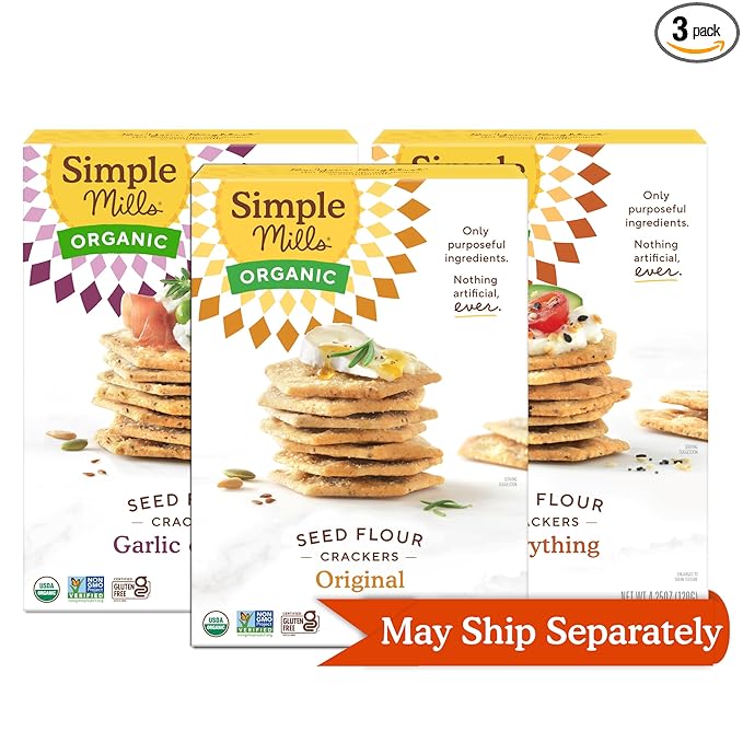 Simple Mills Organic Seed Crackers Variety Pack (Original, Everything, Garlic & Herb) - Gluten Free, Vegan, Healthy Snacks, Paleo Friendly, 4.25 Ounce (Pack of 3)