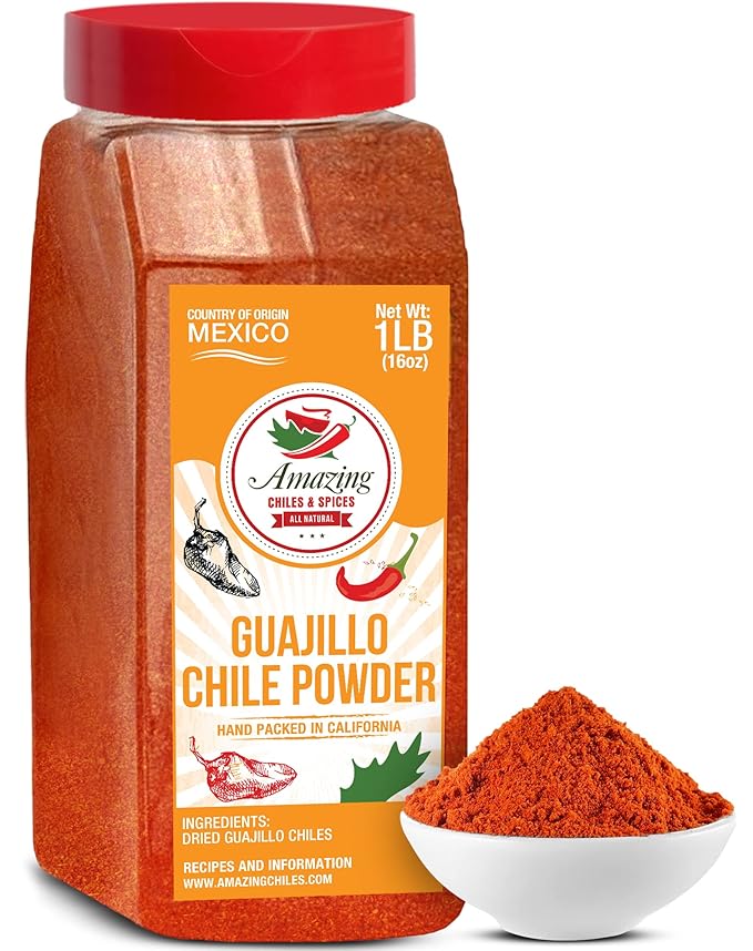 Guajillo Chile Powder Ground 1LB (16oz) – Natural and Premium. Great For Chili, Sauces, Stews, Salsa, Meat Rubs, Enchiladas, Mole and Tamales. Tangy Spicy-Sweet Flavor By Amazing Chiles & Spices