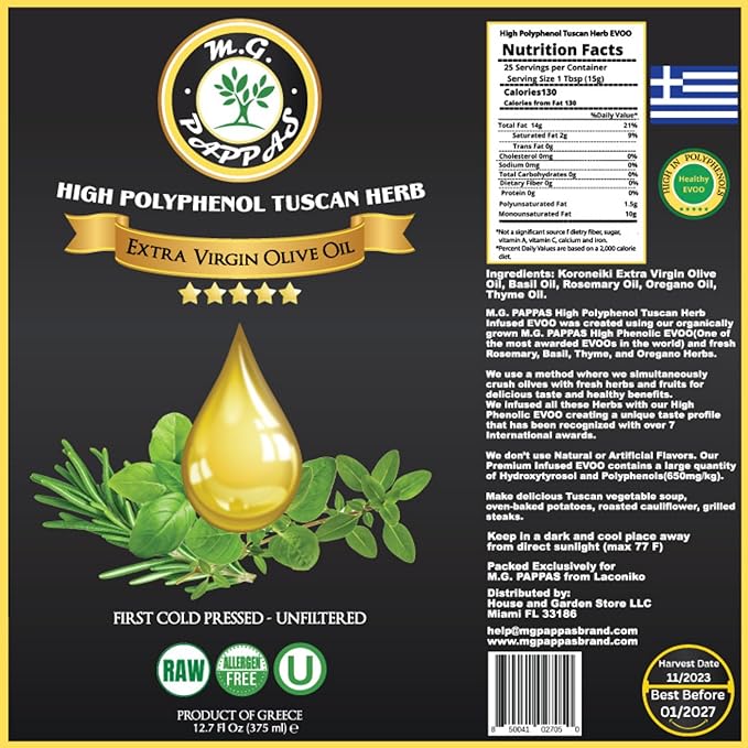 M.G. PAPPAS High Polyphenol Tuscan Herb Infused Olive Oil Extra Virgin - Over 500mg/kg - Unfiltered First Cold Pressed Greek EVOO - Award Winning - Salads Dipping Cooking Baking