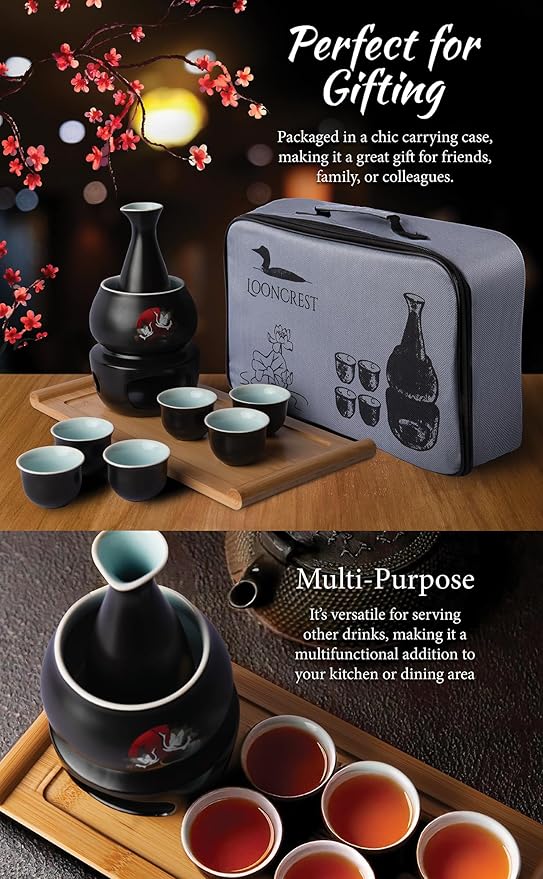 Japanese Sake Cup Set with 6 Ceramic Cups, 1 Ceramic Sake Bottle, 1 Ceramic Sake Warmer, Bamboo Tray, and Cloth Carrying Case - Perfect Hot Sake Set for Authentic Japanese Experience