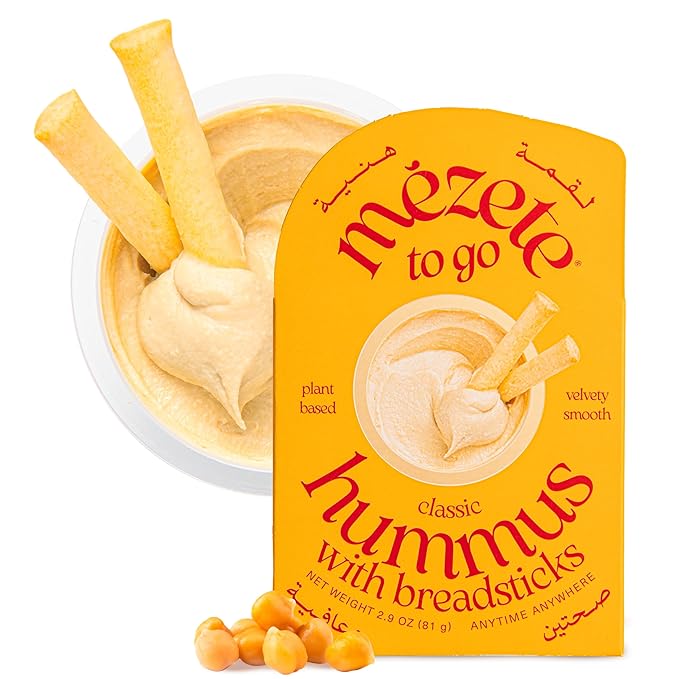 Mezete Hummus Snack Pack with Breadsticks | Traditional Classic Hummus | 100% All Natural Dips and Spreads | Flavorful Tahini Rich Vegan Dip | Halal | No Preservatives | Backpack Friendly | 81g