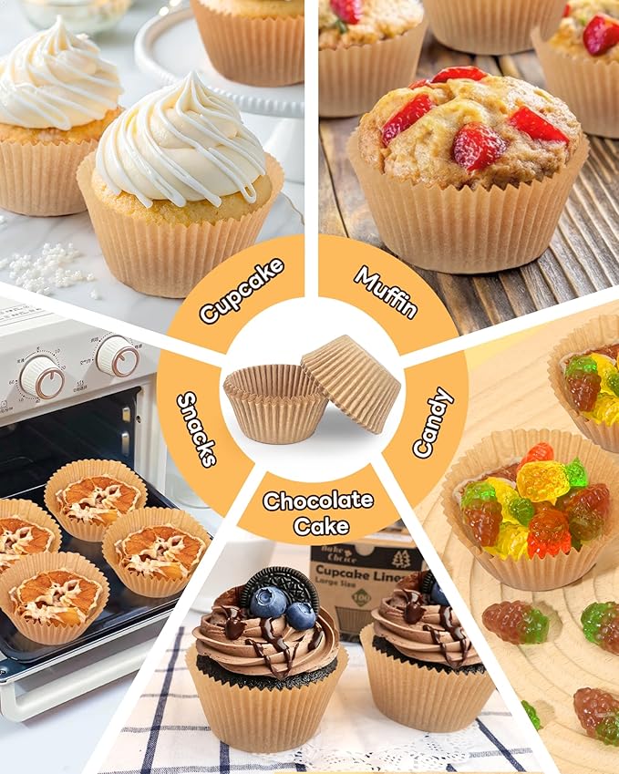 100pcs Jumbo Cupcake Liners for Baking, Natural Jumbo Muffin Liners, Unbleached, Greaseproof Parchment Paper, Cupcake Wrapper for Party, Wedding, Birthday, Christmas