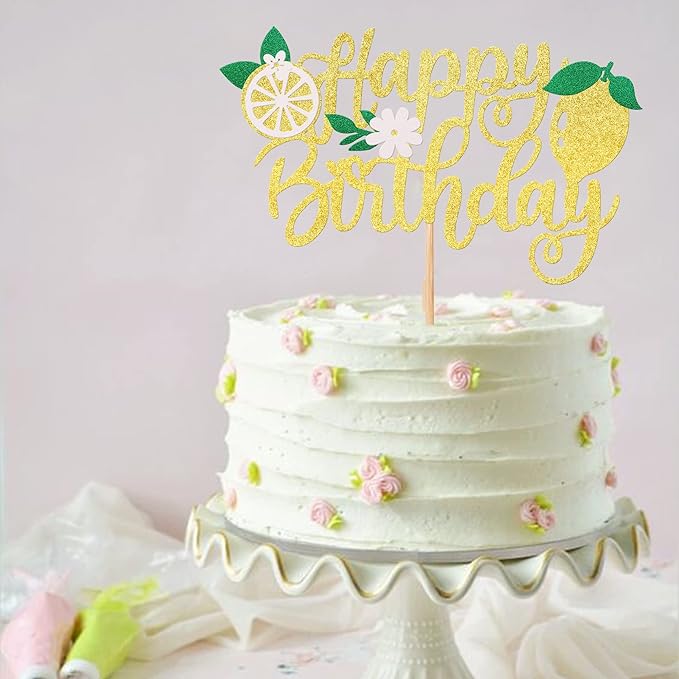 1 Pack Lemon Cake Topper Glitter Happy Birthday Cake Pick for Fruit Theme Baby Shower Kids Boys Girls Birthday Party Summer Fruit Lemon Cake Decorations Supplies