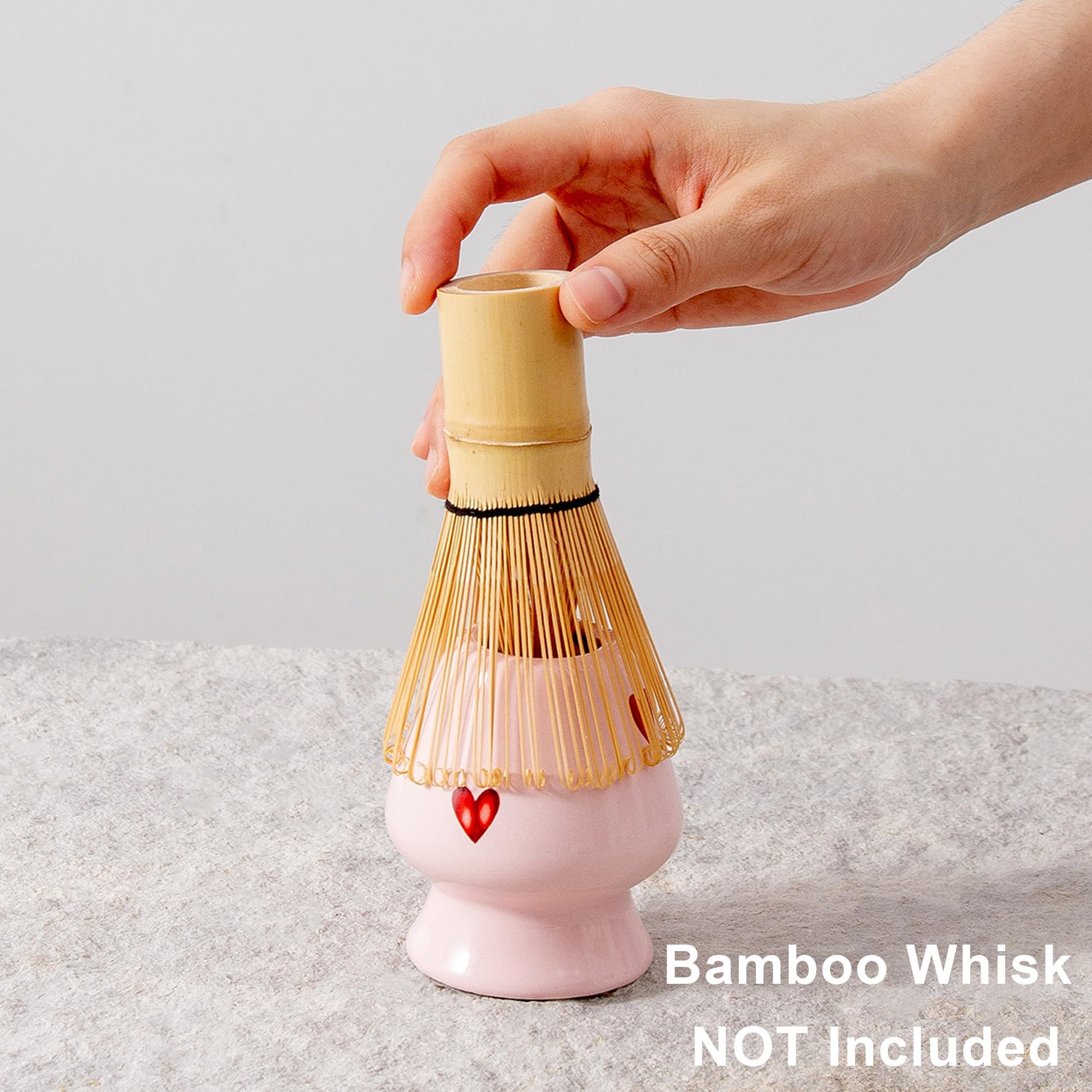 YumiPLUS Ceramic Matcha Bowl with Bamboo Whisk Holder, Pink Love, Set of 2