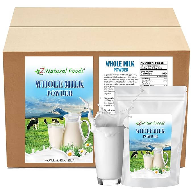 Z Natural Foods Premium Whole Milk Powder - Powdered Milk for Baking, Cooking, Drinks - Dry Milk Powder, Pasteurized, Non-GMO, Gluten-Free, Kosher-Certified, 55 lbs