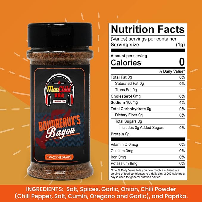 Cajun Seasoning Mix (NO MSG, Low Sodium) | Boudreaux's Bayou Seafood Boil Seasonings | Rubs for Smoking & Cooking | Chicken, Fish, Salmon, Shrimp, Turkey Spice Rub by Manchild | Gluten Free | 5.25 Oz