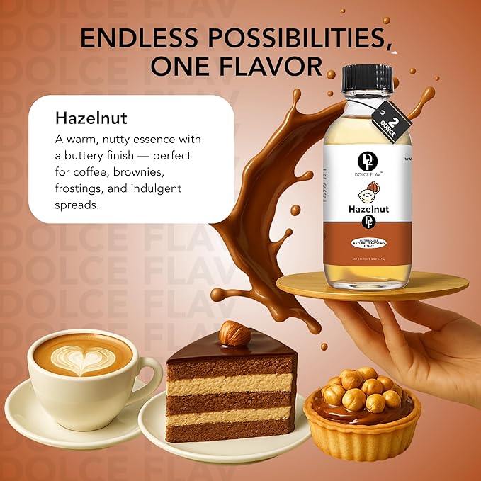 Dolce Flav Natural Hazelnut Extract ??2 Ounce Water-Soluble Kosher, Sugar-Free, Concentrated Toasted Hazelnut Flavoring for Coffee, Baking & Desserts, Includes Measured Dropper