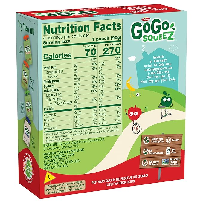 GoGo squeeZ Applesauce and Fruit Puree, Apple Strawberry, 3.2 oz (Pack of 48), Unsweetened Fruit Snacks for Kids, Gluten Free, Nut Free and Dairy Free, Recloseable Cap, BPA Free Pouches