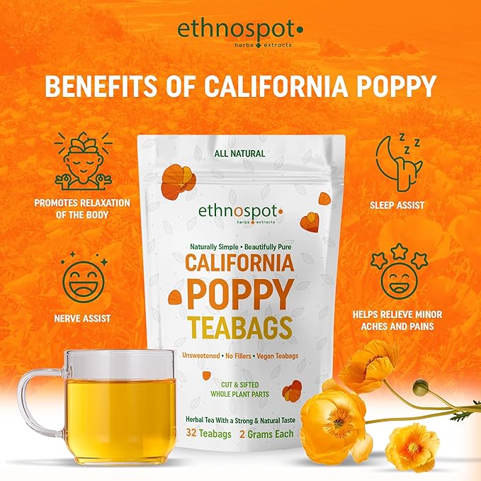 Pure California Poppy Tea - Natural California Poppy for Relaxation, Premium California Poppy Extract 100% Natural Herbal Tea Stress Relief & Calming Nervous System - 2 Gram Teabags - 32 Vegan Teabags